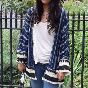 Navy Boho Cardigan/Kimono with fringe+ pompom trim